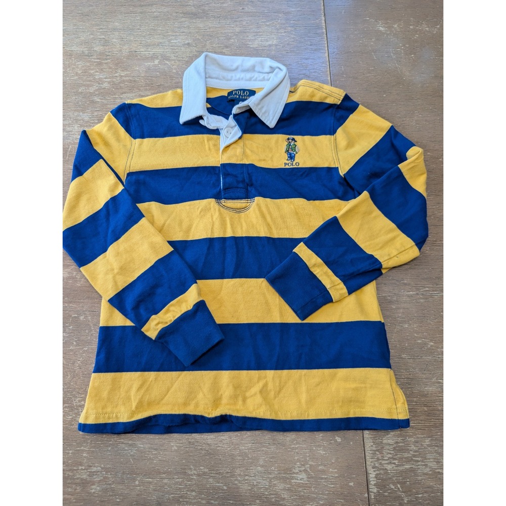 Polo Ralph Lauren Kids Blue Yellow Striped Polo Bear Rugby Shirt‎ Size 6